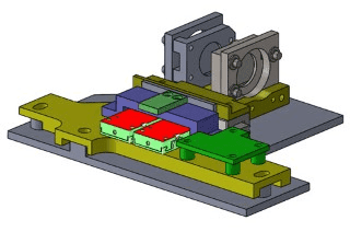 CAD cross-section of a linear piezo stage showing motor elements pressed against a rail