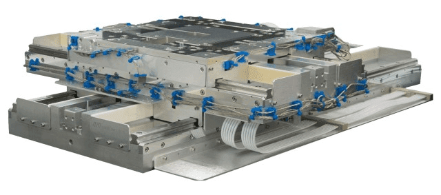 Large precision XY stage built with multiple piezo motor elements, used in semiconductor inspection