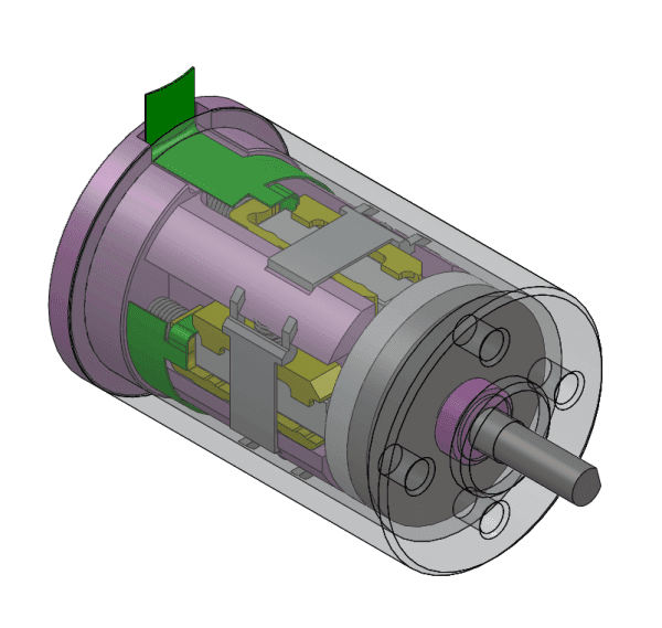 CAD cutaway of a rotary ultrasonic piezo motor showing internal stator and rotor arrangement